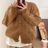 Retro horn buckle crew neck knitted cardigan women's autumn and winter new loose lazy wind sweater jacket top trendy