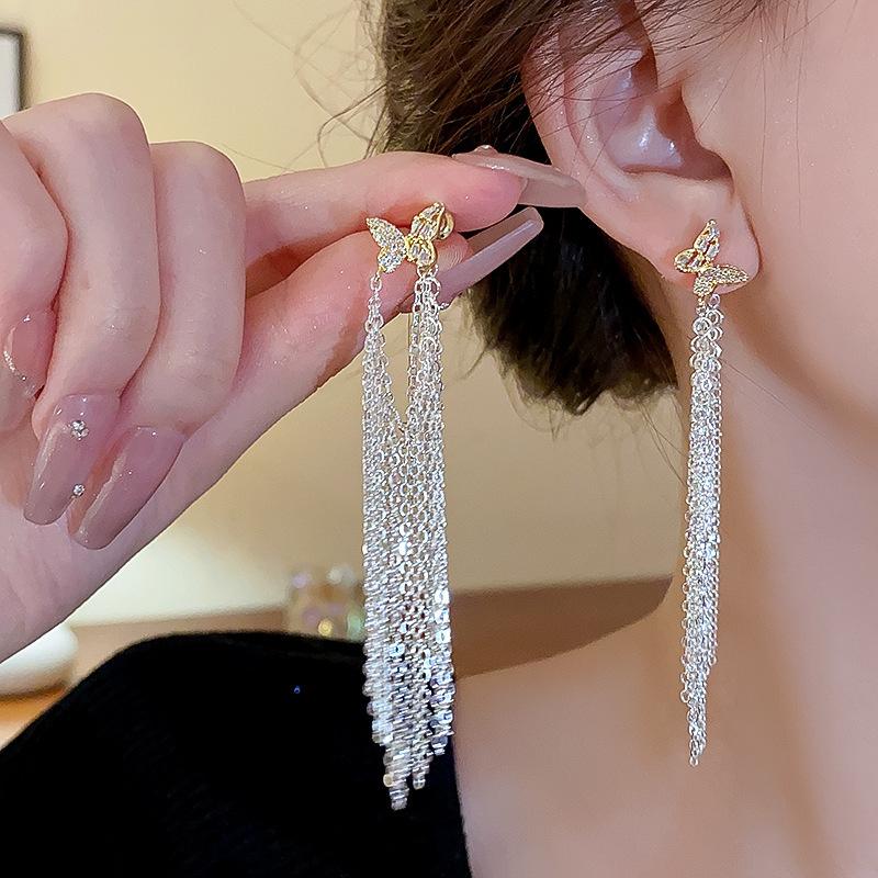 

Zircon butterfly chain fringed earrings, niche light luxury earrings, fashion temperament earrings.