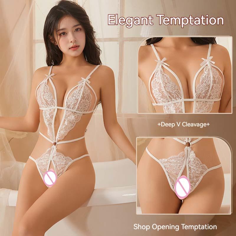 Sexy Crotchless  Lingerie Women Lace Hollow Bodysuit Erotic Pajamas Teddy Babydoll Dress Deep V Open Bra Porn Underwear Set