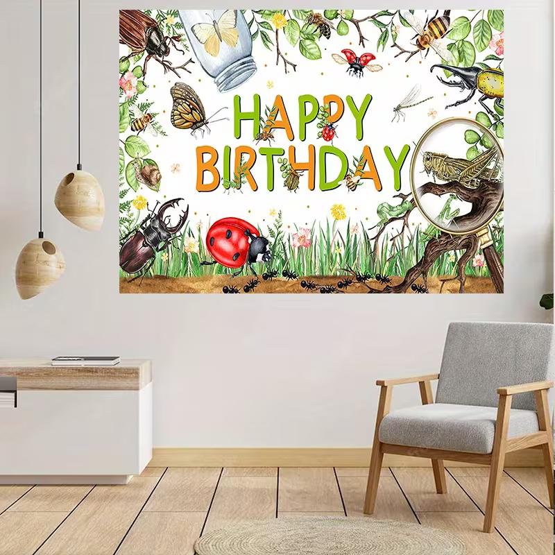 2D Bug Adventure Happy Birthday Backdrop, Kids Nature Party Banner, Photography Background