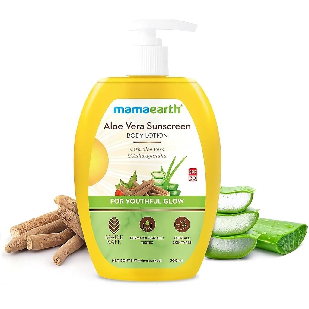 Mamaearth Aloe Vera Sunscreen Body Lotion SPF 30 For Normal Skin With Ashwagandha 300 Ml Pack