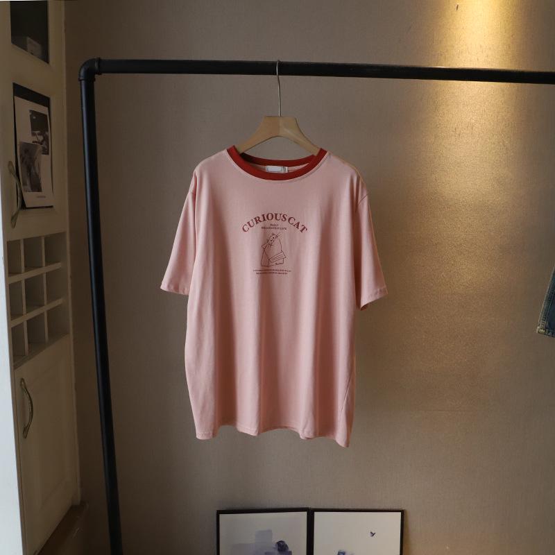

Korean Style Color Block Crew Neck Cartoon Loose Casual Women s T-shirt (Summer 2025) One Size вишня розовый