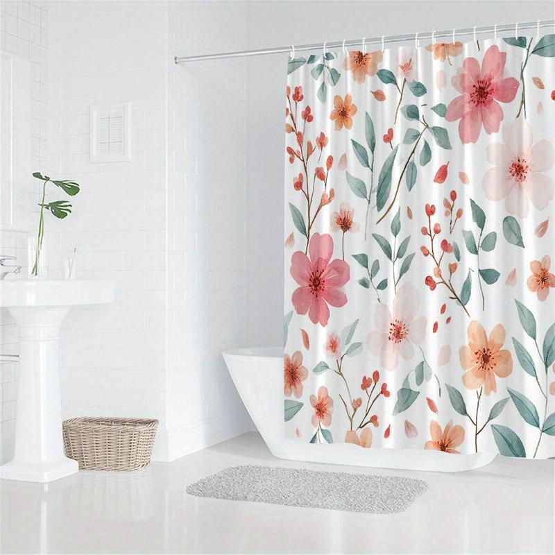1pcs Romantic Pink Peach and Coral Floral Shower Curtain, Polyester Fabric, Machine Washable, Suitable for Bathroom Decoration