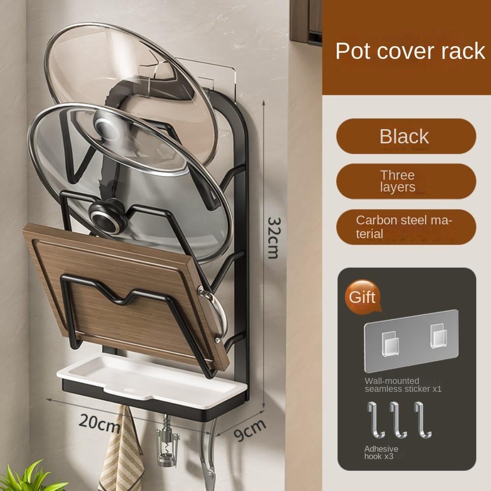 

Настенная кухонная стойка для хранения Многофункциональная стойка для хранения Портативная полка для хранения крышек для кастрюль Black-3 Layers