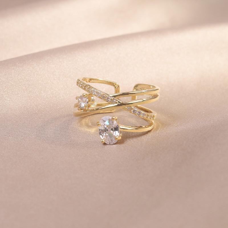 Korea  Design Fashion Jewelry 14K Real Gold Plating Multilayer Zircon Ring Elegant Women's Opening Adjustable Ring
