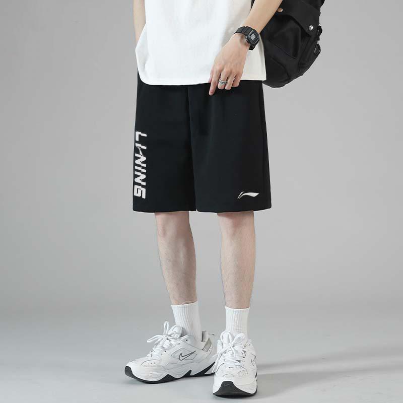 Li Ning Embroidered Logo Knitted Loose Fit Five-Point Casual Shorts Unisex Shorts Black AKSU747-1
