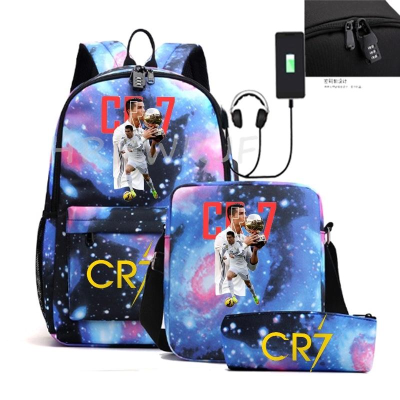 Sports Casual CR7 Backpacks 3pcs Simple Lightweight Capacity Teens Laptop School Bags Women Men Travel USB An-ti Lock Mochilas