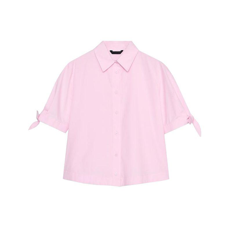 

Summer New Product Women s Clothes Pastoral Style Single-Breasted Bowknot Decoration Poplin Lapel Short Sleeve Shirt 3360255 Pink L