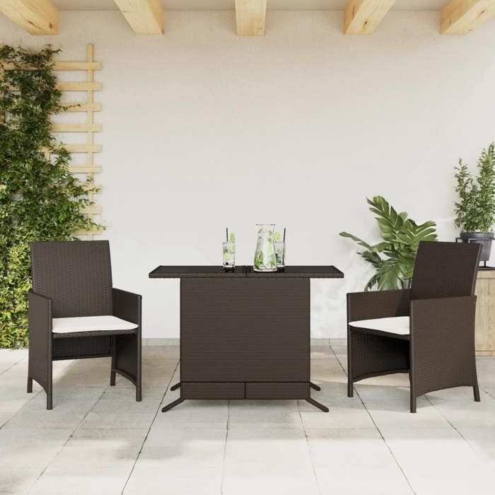 VidaXL Ensemble de Bistro avec Coussins 3 pcs, Chaises et Table de Patio, Meubles de Terrasse Arrière-cour Extérieur, Marron 365118