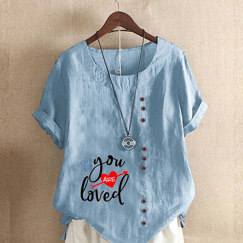 Women's Fashion Love Letter Prined Short Sleeve T-shirt Loose Cotton Shirt Casual Loose Summer Blouse Plus Size Tops