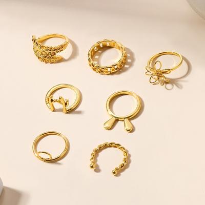 K Ring Style Jewelry Retro Gold Leaf Flower Rabbit Horn Stacked Ring Set Female