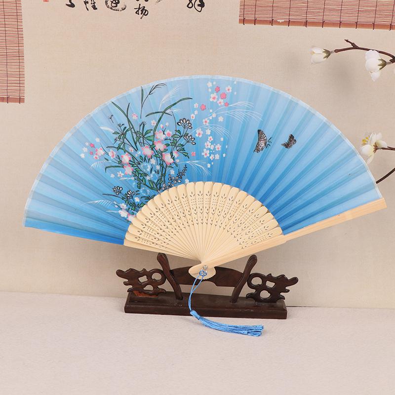 Vintage Printed Silk Folding Hand Fan Tassel Chinese Bamboo Fans Women Dance Performance Props Home Decoration Ornaments