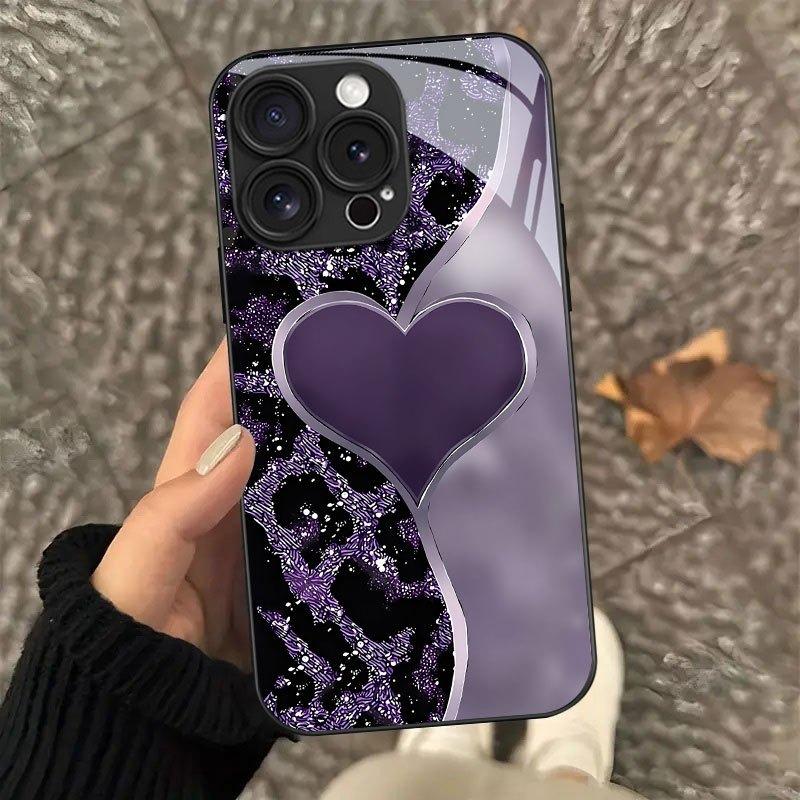 

Чехол из закаленного стекла с принтом фиолетового леопарда и сердечек для iPhone 11 12 13 14 15 16 17 Pro Max 17 Air 7 8 Plus XS X iPhone 8 Plus