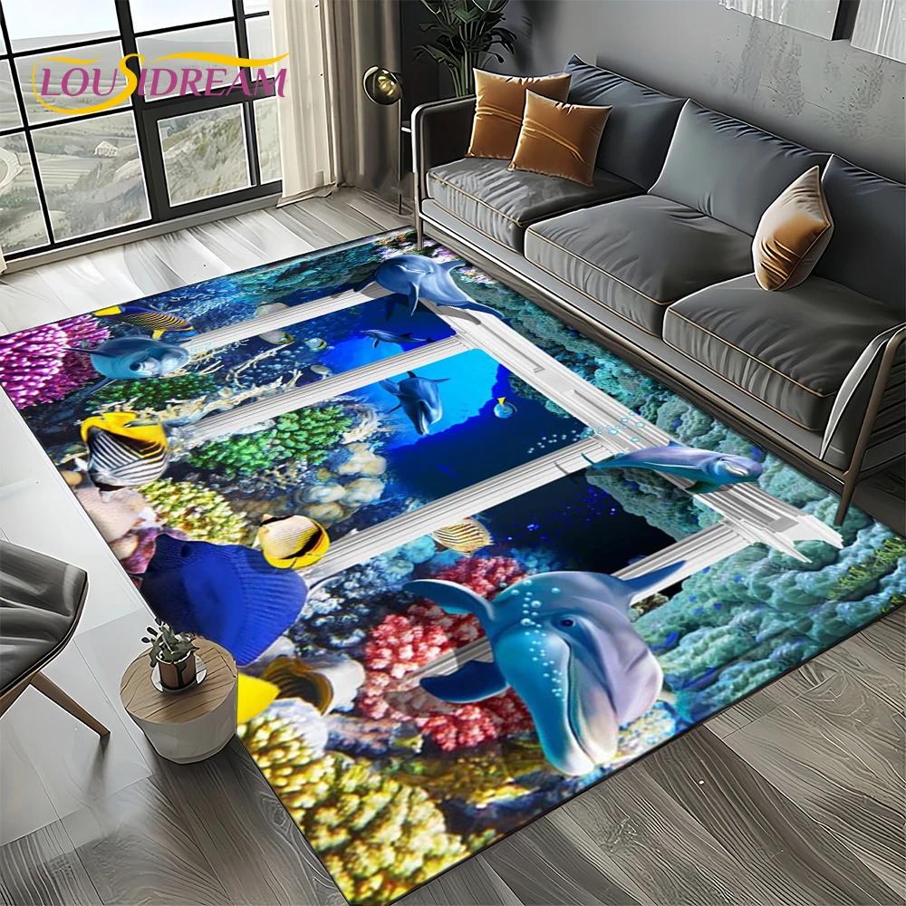 Underwater World 3D Illusion Seabed Cartoon Shark Dolphin Carpet Rug for Living Room Bedroom Home Sofa Decoration,Floor Mat Kid