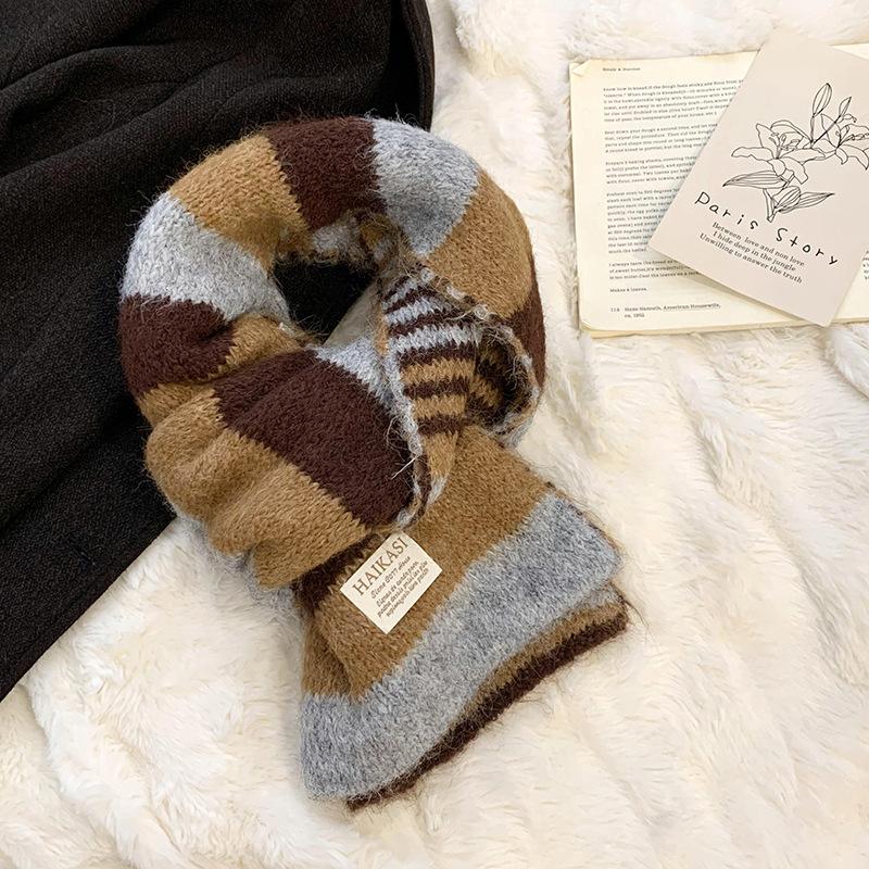 Scarf autumn and winter new college style contrasting color striped wool knitted scarf warm scarf versatile shawl