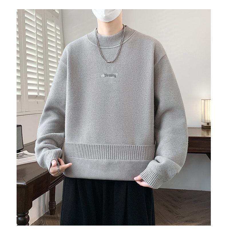 KM1023 Winter Plus Velvet High Neck Embroidered Men's Sweater - Thickened Base Layer Knitwear.