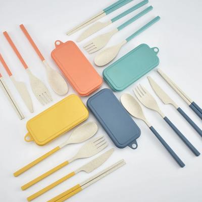 Portable Reusable Travel Picnic Tableware Cutlery Set with Carrying Box, 5pcs/set Wheat Straw Spoon Fork Chopsticks
