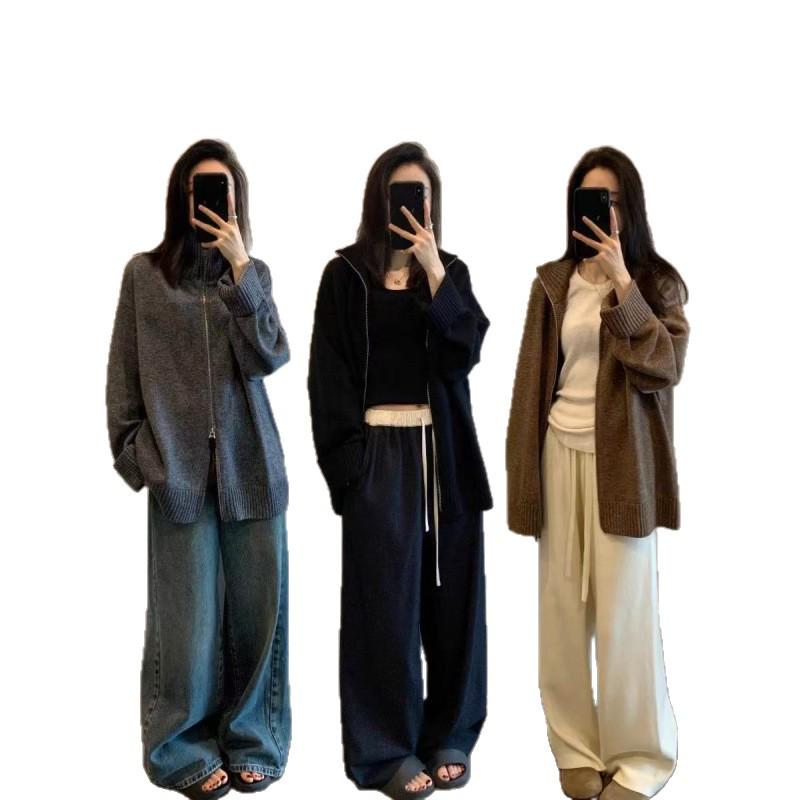 Women's Designer Mid-Length Wool Cardigan with Double Zipper and Stand Collar - Perfect Loose Sweater for Autumn and Winter.