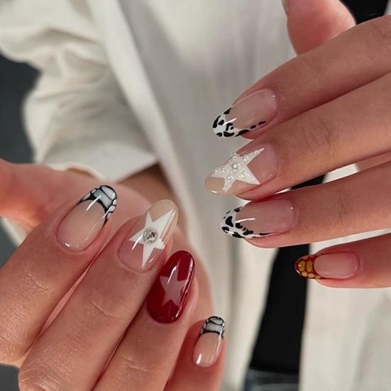 1 Set Women Press on Nails Almond French Tip Stick-on Long Fake Nails Full Cover Glue on False Nails DIY Manicure