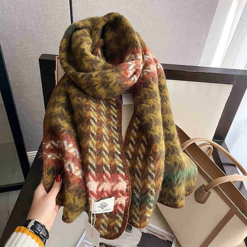 Vintage Czerwony Szal w Kratę Tysiąca Ptaków Damski Zimowy Studencki Ciepły Szal