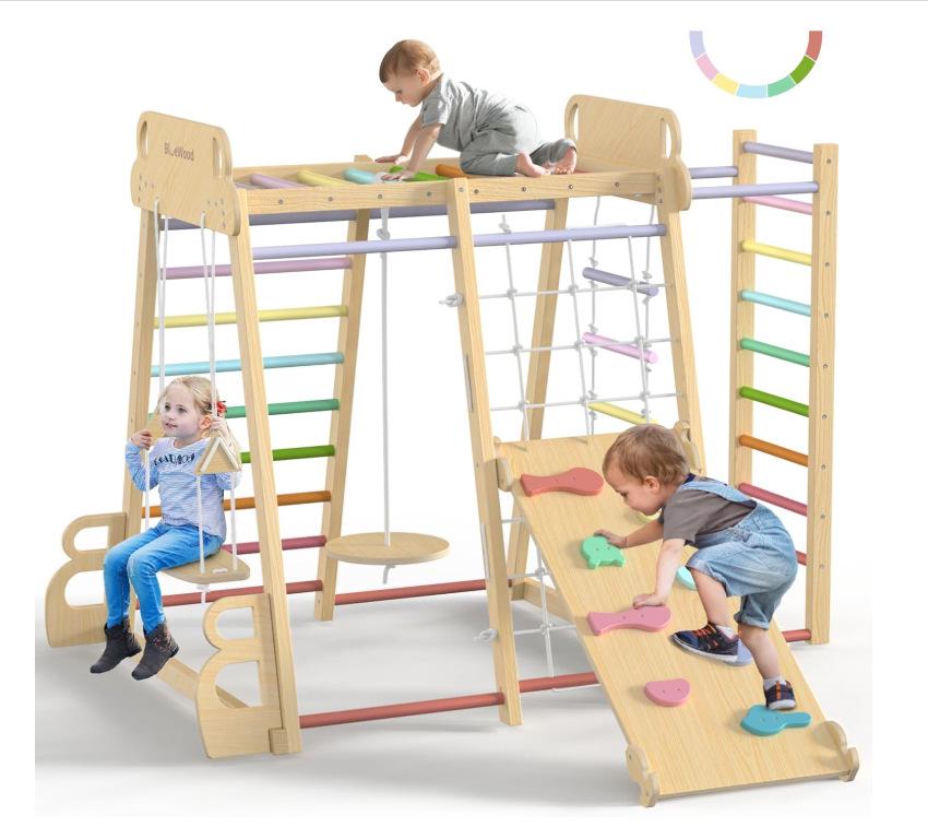Wooden Indoor Children's Climbing Frame & Slide Set with Swing