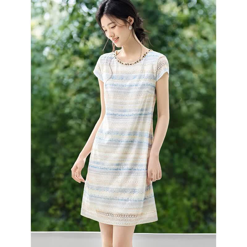 Elegant Summer Gradient Lace Flutter Sleeve Dress M
