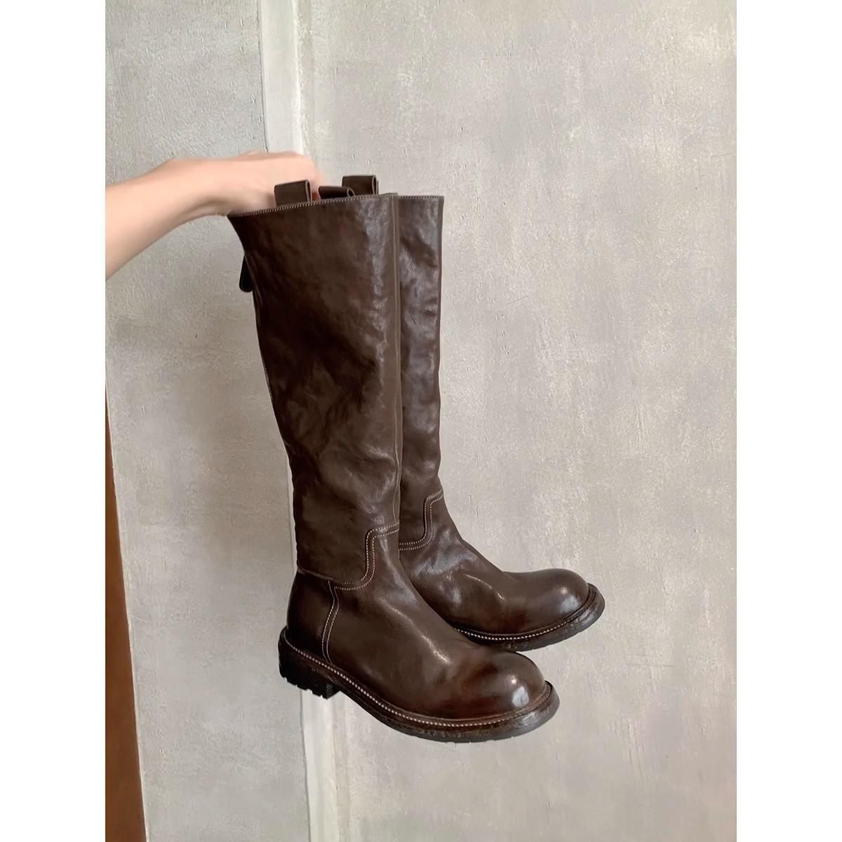 

Women s Retro Washed Horsehide Chunky Heel Platform Knight Boots - Grape Mom s Fashionable Style 35