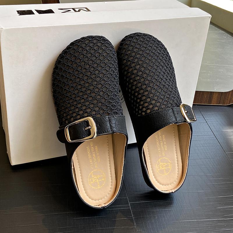 Fashion CRLAYDK Mule for Women Backless Loafers Slip On Mesh Hollow Out Flat Casual Walking Ladies Slides Closed Toe Buckle Slippers