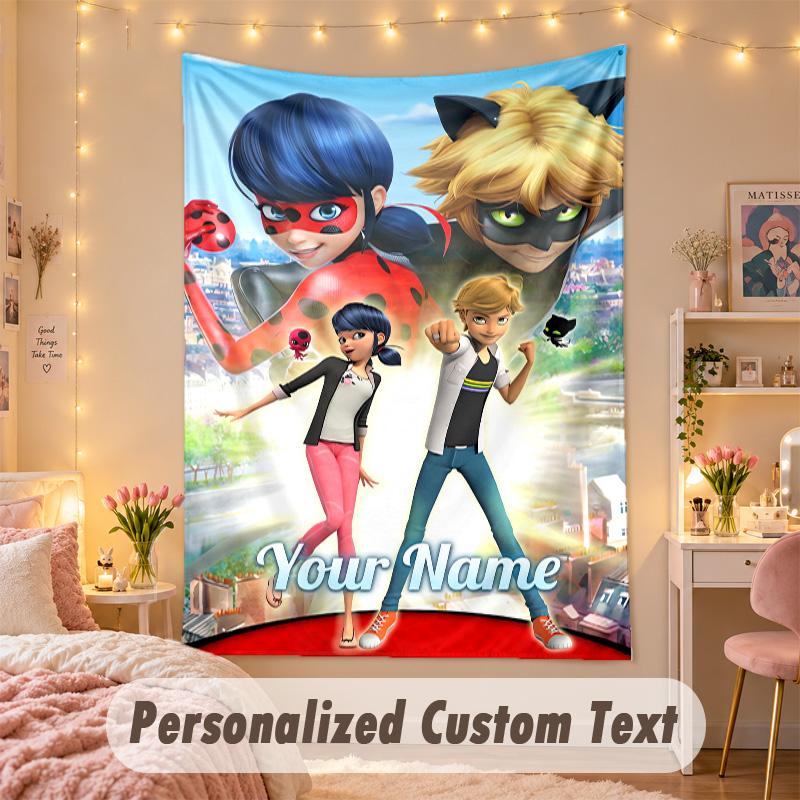 Custom Personalized Tapestry,Miraculous Ladybug Print Custom Name Text Wall Art Hanging for Bedroom