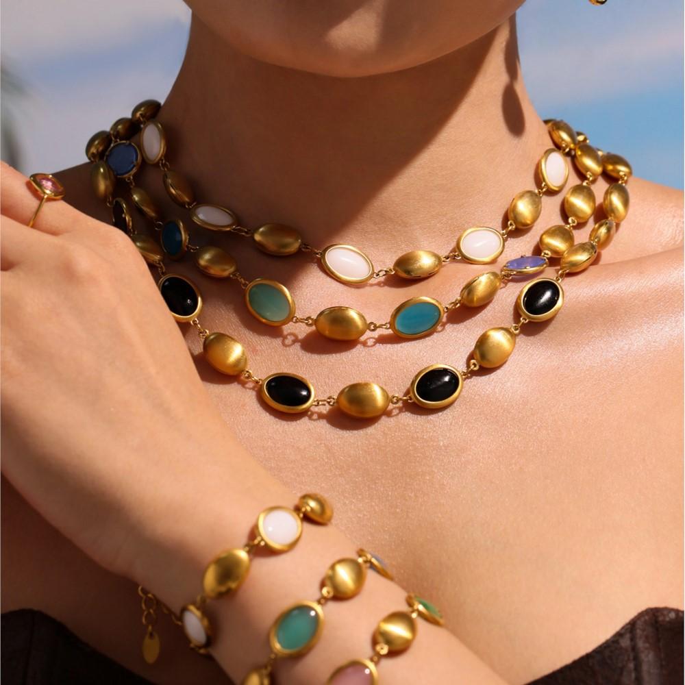 Unique Necklace Bracelet Earring In Stainless Steel With Multi Color Opal Necklaces Matching Bracelets Dangle Earrings For Women