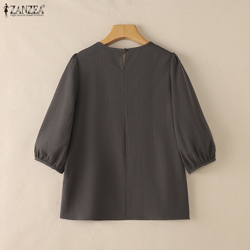 ZANZEA Blouse Décontractée Femme Col Rond Couleur Unie Manches 3/4
