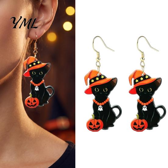 Statement Earrings for Autumn Outfits 1 Pair Halloween Black Cat Acrylic Women, Cute Charming Holiday Gift Friends with Wizard Hat And Pumpkin Dangle