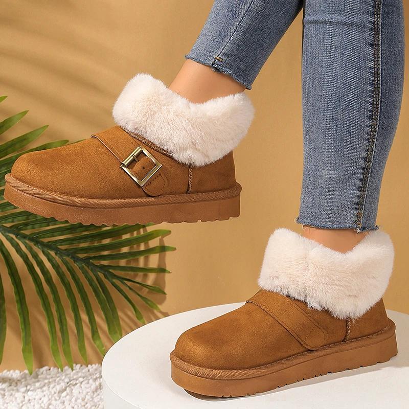 Faux Suede Buckle Decor Ankle Boots Women Winter Warm Thicken Plush Snow Boots Woman Thick Sole Non Slip Platform Cotton Boots