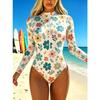 Women Long Sleeve One Piece Swimsuit Zip Front  Fresh Little Flower  Print Rash Guard Surfing Bathing Suit