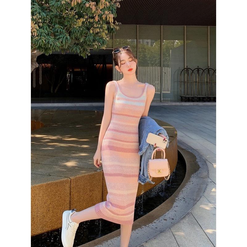 Women's Rainbow Stripe Sleeveless Knit Tank Dress - Slim Fit Summer Mid-Length