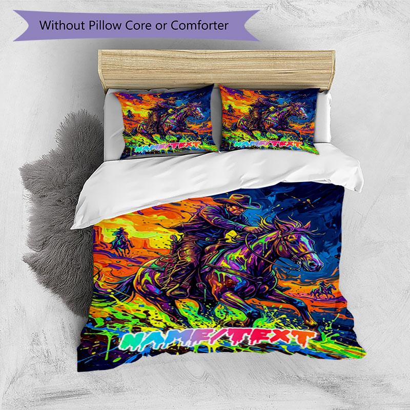 3PC Custom Name Cowboy Wild Horse Bedding Set Printed Bedding Set Duvet Cover Closure Includes 1 Duvet Cover & 32 Pillowcases for Bedroom