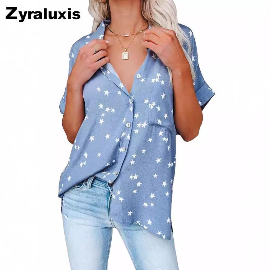 Summer Women's Clothing New Star Printed V-Neck Ruffled Batwing Short Sleeve