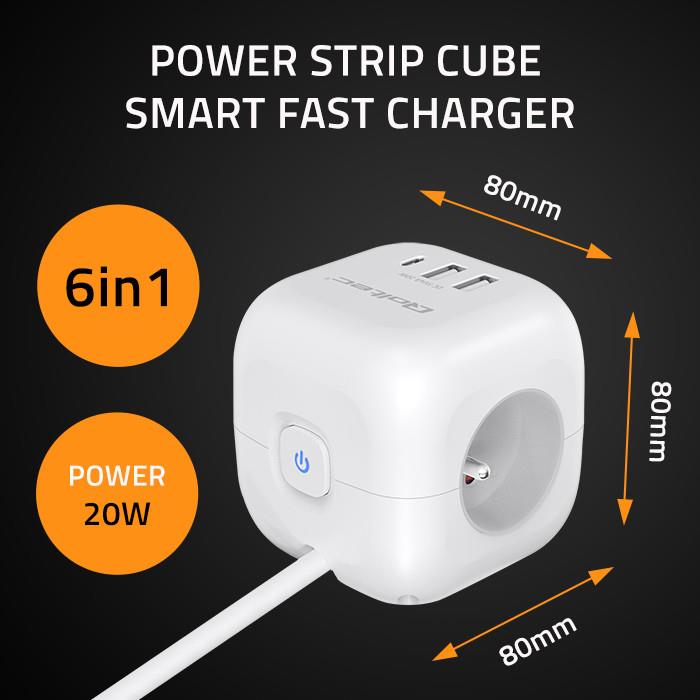 Kostka zasilająca Qoltec przedłużacz 6w1 z podświetlanym włącznikiem | 3x AC | 2x USB | 1x USB-C PD 20W | Biała | Kabel 2m