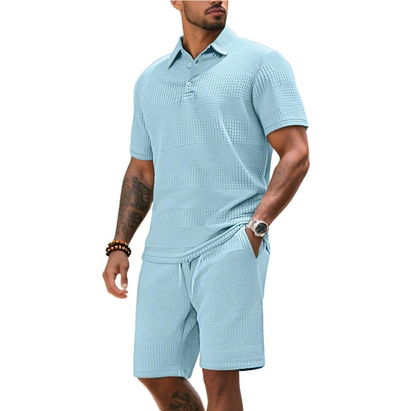 Men's Summer 2 Piece Outfit, Waffle Knit Polo Shirt and Elastic Waist Shorts, Casual Tracksuit for Beach Streetwear