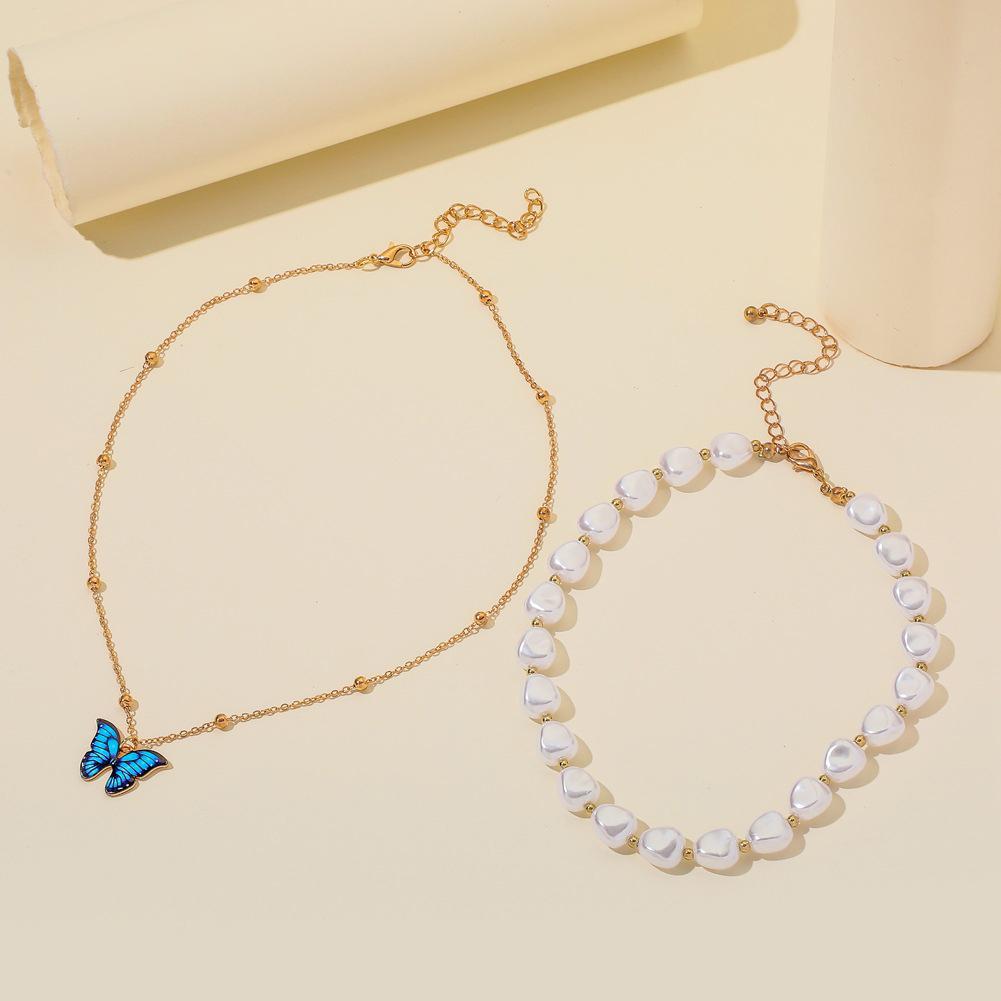 2 Pcs/set Women's Necklace Butterfly-shape Pendant All-match S Pearl Double-deck Necklace set