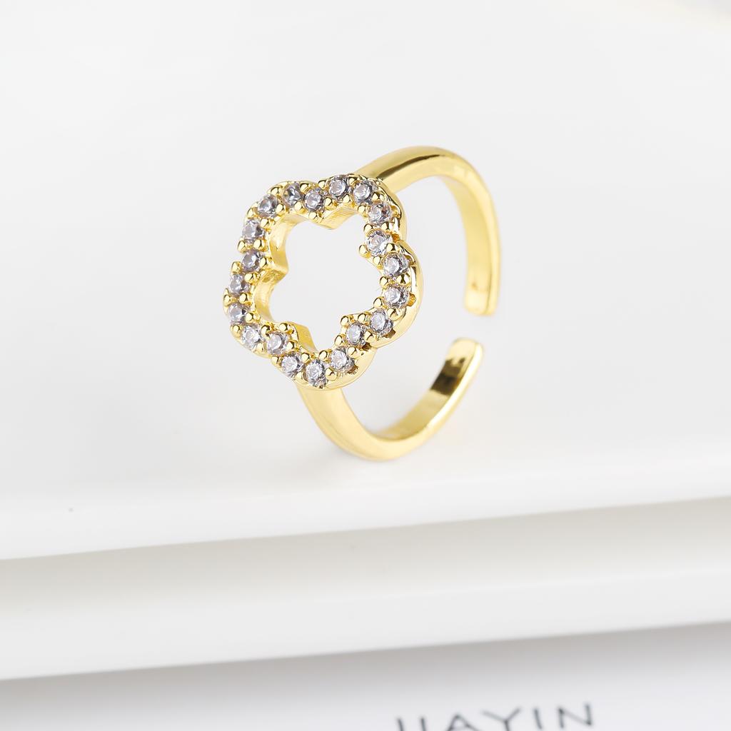 Luxury High Quality Zirconia Five Leaf Flower Opening Ring Adjustable Temperament for Woman Plum Blossom Jewelry Clover Gift