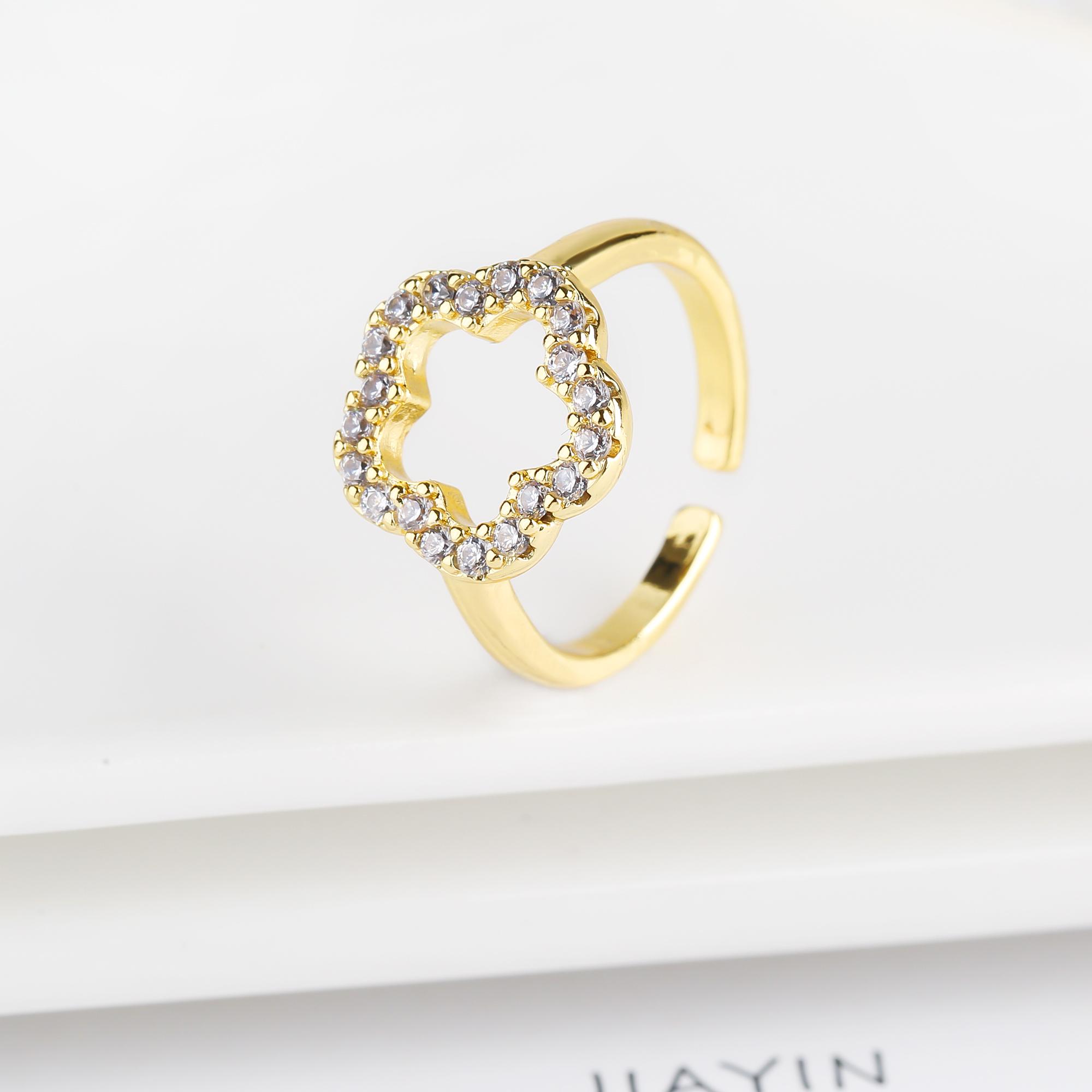 

Luxury High Quality Zirconia Five Leaf Flower Opening Ring Adjustable Temperament for Woman Plum Blossom Jewelry Clover Gift resizable золотий