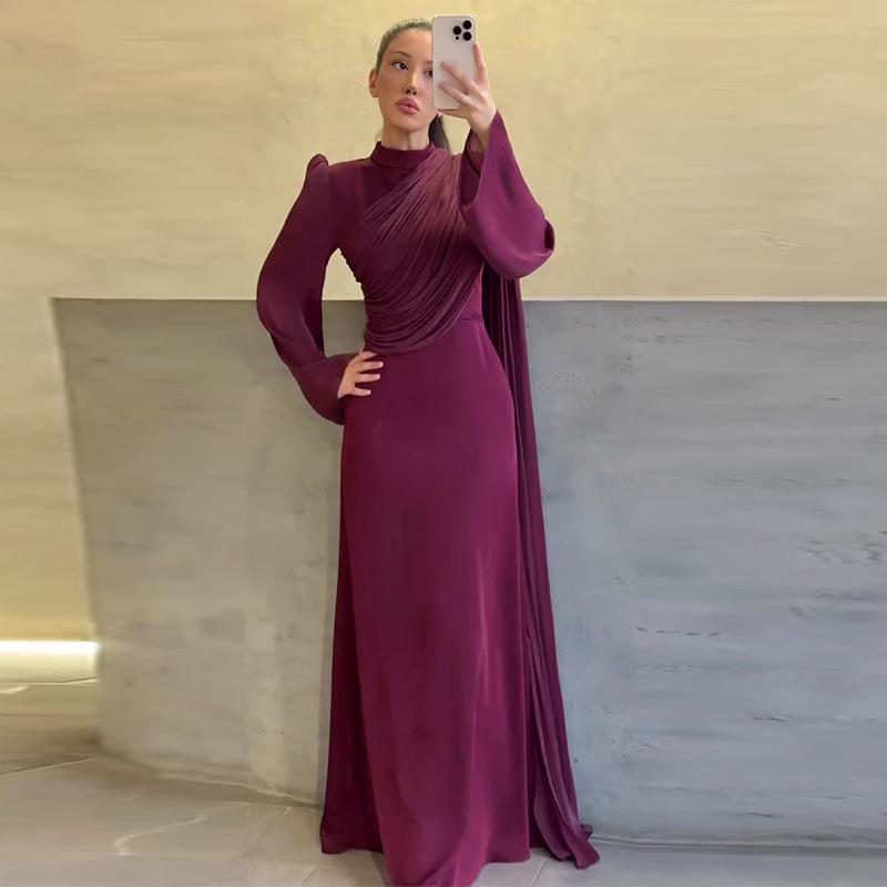 2025 European American Women's Pleated Irregular White Long Sleeve Slim Fit Dress