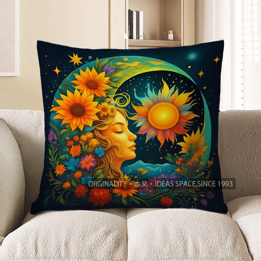 Home Decor Moon & Sun Floral Face Decorative Throw Pillow Pattern Cushion Cover Suitable For Sofa Bedroom Car Pillow Cover