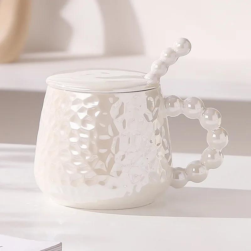 400ml Colorful Pearl Ceramic Mug with Cover and Spoon High Appearance Level for Home Breakfast Milk Tea Cup Coffe Cups