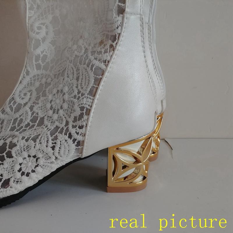 Spring Summer Boots Shoes Women Med Heels Knee Flower Lace Female Mujer Zipper Glitter Sexy White BiG Size 43 44 4546