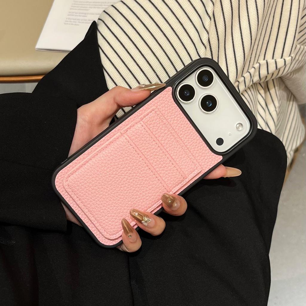 Dual Card Holder Wallet Shockproof Case For iPhone 17 Air 16 15 14 13 12 11 Pro Max Plus Lychee Leather Patterned Bumper Cover