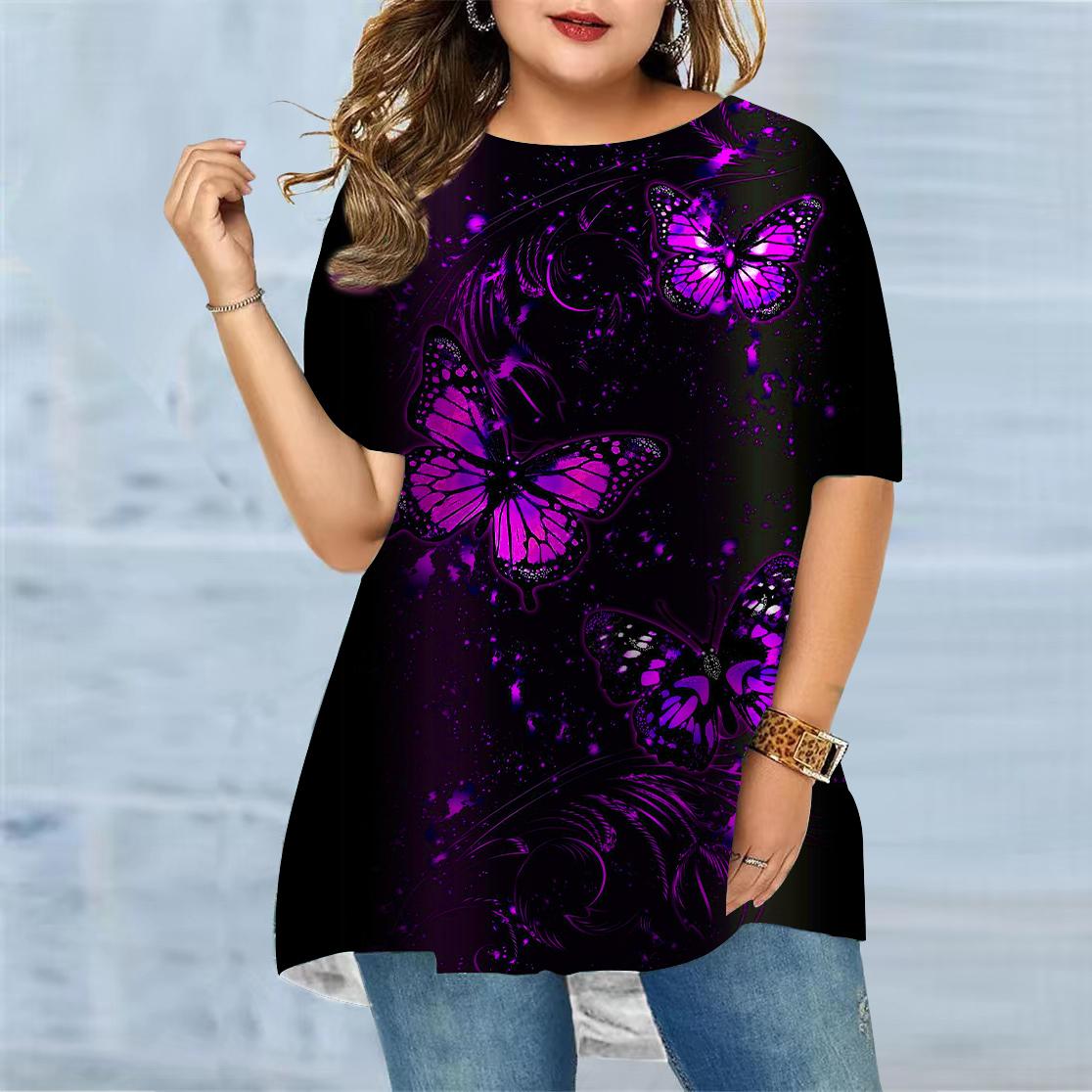 

Женская летняя футболка с пятнистым принтом бабочки больших размеров, удобная футболка с короткими рукавами и круглым вырезом, повседневная мешковатая футболка средней длины 4XL фиолетовый