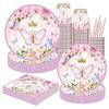 Pink Butterfly Party Set: Plates, Cups, Napkins, Embroidered Tablecloth, Banner & Cake Toppers
