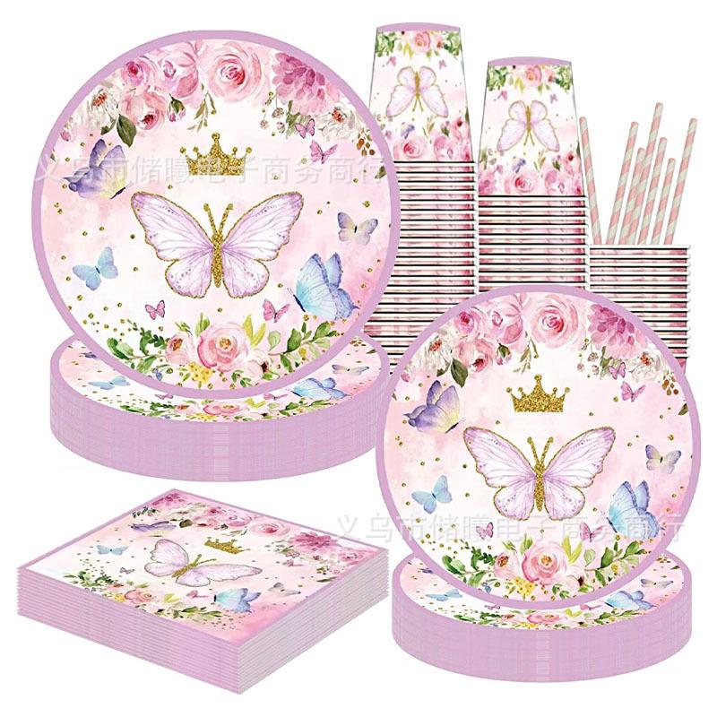 Pink Butterfly Party Set: Plates, Cups, Napkins, Embroidered Tablecloth, Banner & Cake Toppers